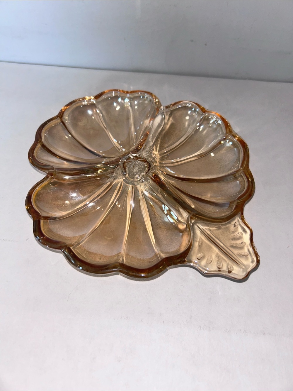 Jeanette Glass Marigold Carnival Glass Doric Clover Leaf Candy Dish Iridescent